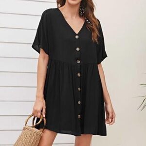 Urban Outfitters Black Button Up Short Sleeve Linen Tunic Top / Mini Dress Small